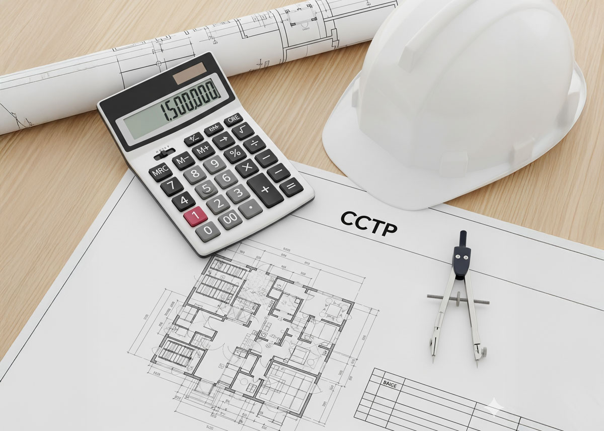 Plan Cahier des Clauses Techniques Particulières (CCTP) rédigé par un bureau d'étude, avec un casque et une calculatrice pour illustrer la maîtrise du budget des travaux de rénovation.
